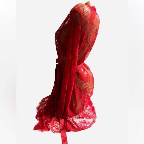 🔥 Victoria’s Secret Sexy Lace Fishnet Red Embroidered Sheer Robe Sz XS/Small New - Picture 2 of 7